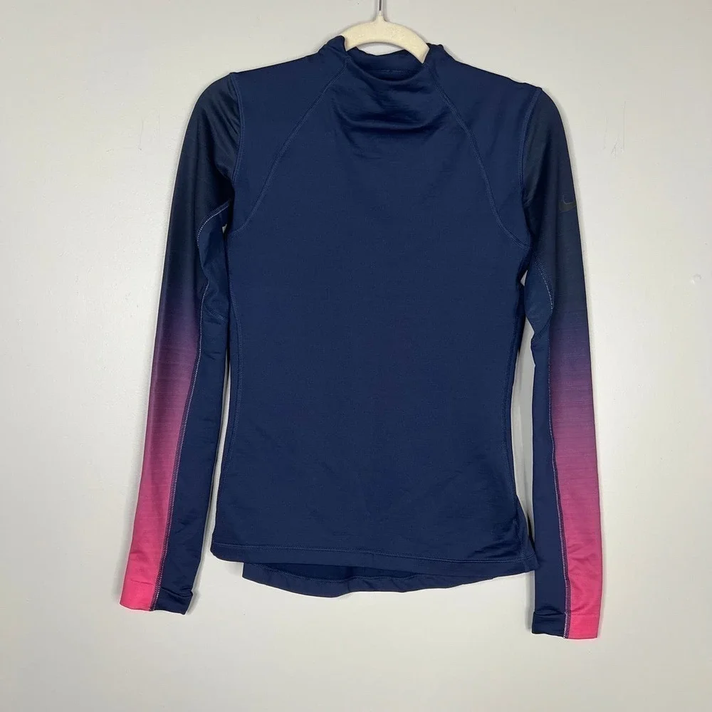Nike Pro Hyperwarm Athletic Shirt Ombre Sleeves Mesh Detail Thumb Holes Sz Small